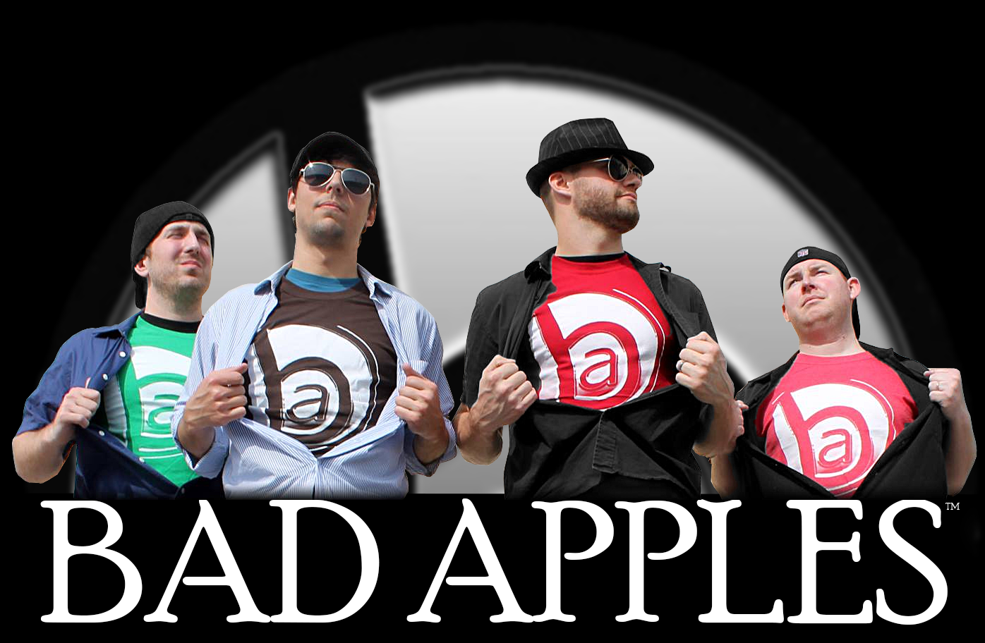 Members of Bad Apples pulling off shirts revealing undershirt with Bad Apples logo T-shirts